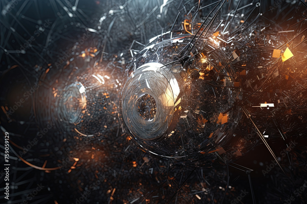 Poster Abstract burst of wires and particles on technology background. Scientific abstraction with mess of wires.