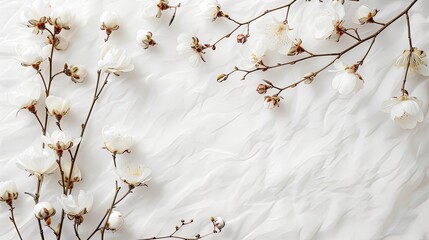 Cotton flower resting on white cloth with copy space for text. Nature's soft touch.