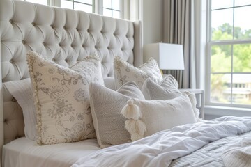 An arrangement of soft pillows of different sizes rests on the end of a comfortable gray mattress illuminated by natural sunlight from the bedroom window - obrazy, fototapety, plakaty