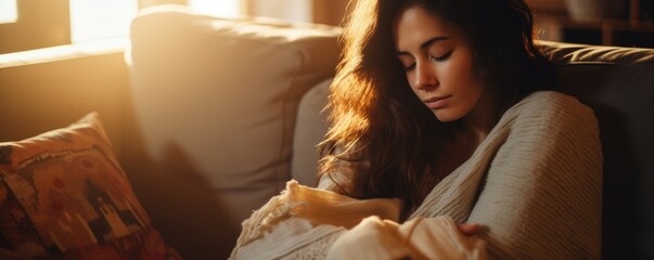 A woman holding a pillow. Sleepless night.