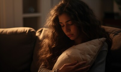 Obraz premium A woman holding a pillow. Sleepless night.