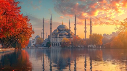 Obraz premium Serene Mosque Landscape Amidst Peacefulness