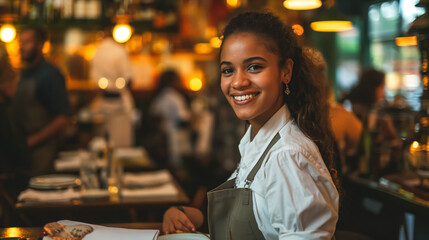 Smiling waitress in busy restaurant.
