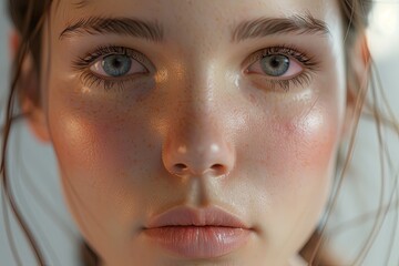 The face of a beautiful young woman looks close up with clean skin with a flat gaze. Skin care, facial, cosmetology and beauty concept - obrazy, fototapety, plakaty