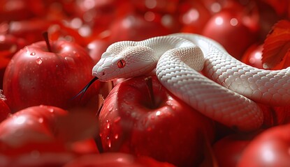 a white snake on apples - obrazy, fototapety, plakaty