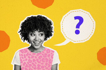 Composite photo collage of young stupid american woman ask question mark surprise surprise riddle isolated on painted background