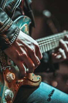 Image of the hands of a musician playing the electric guitar. The concept of concerts and entertainment events.Energetic musician strums electric guitar, igniting the stage.