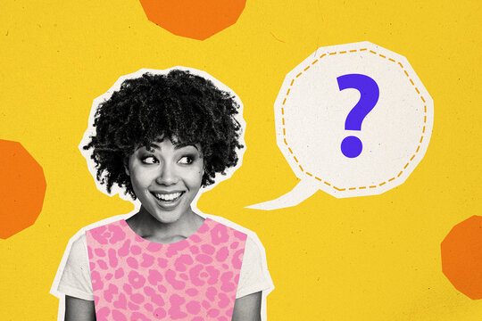 Composite photo collage of young stupid american woman ask question mark surprise surprise riddle isolated on painted background