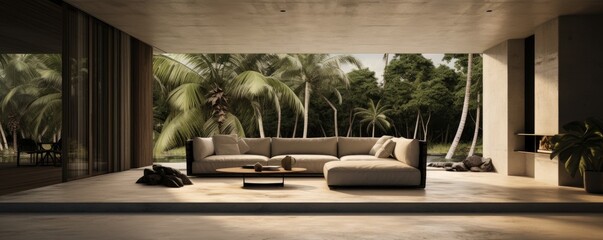 Fototapeta premium Luxury isolated beach house surrounded by jungle plants, living room with open walls leading to the beach, open space