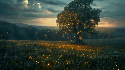 A mystical scene with a lone tree illuminated by sparkling lights in a tranquil field at dusk, evoking wonder
