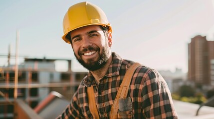 Portrait of a smiling construction worker wearing a hard hat and flannel, representing professionalism in the industry