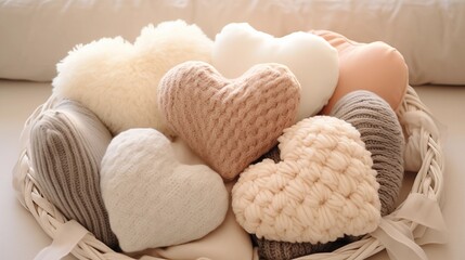 A collection of soft, plush pillows arranged in a heart shape on a cozy baby blanket. - obrazy, fototapety, plakaty