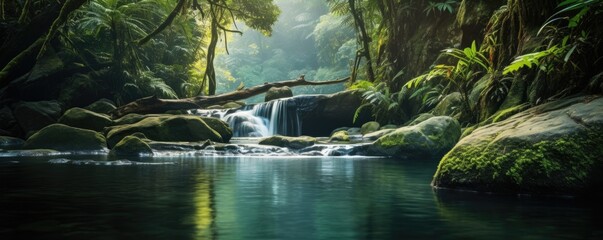 Amazing tropical forest with beautiful lake and fast flowing waterfall over boulders in background. - obrazy, fototapety, plakaty