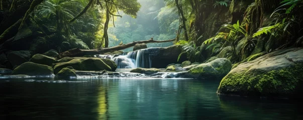 Tuinposter Amazing tropical forest with beautiful lake and fast flowing waterfall over boulders in background. © Filip