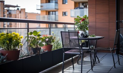 Fototapeta na wymiar Spacious balcony of an apartment with flowers in pots.