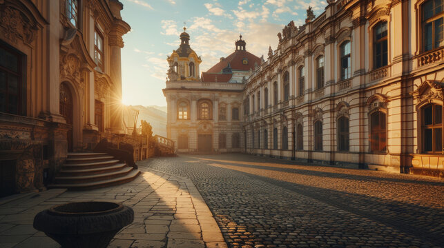 Historic European architecture glows in the golden hour, with the sunlight casting a warm and inviting atmosphere