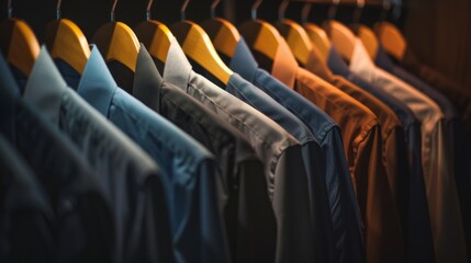 This image portrays an elegant presentation of various shirts on hangers, emphasizing their textures
