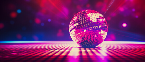 Obraz premium Retro disco ball on neon dance floor, party atmosphere.