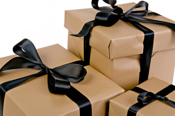 Festive gift boxes decorated with shiny bows. Close up