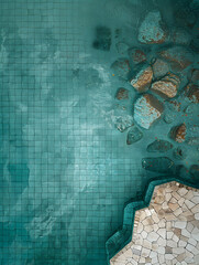 Aqua flooring resembling a pool with rocks creates an electric blue pattern