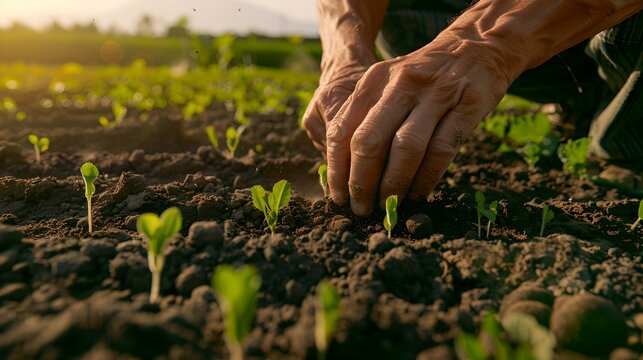 Close-up of hand tending seedlings in fertile soil at sunset. earth day concept, sustainable agriculture, new growth. organic farming practices captured in warm light. AI