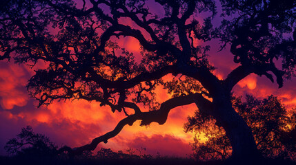 A dramatic silhouette of an ancient oak tree with sprawling branches against a backdrop of a fiery orange and purple sky