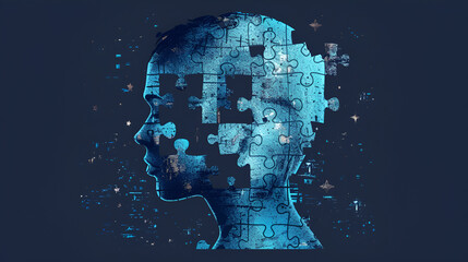 Human head profile and jigsaw puzzle, cognitive psychology or psychotherapy concept, mental health, brain problem, Puzzle concept with a person's head. Style of bright color blocks. Generative AI.