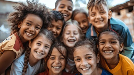 Fototapeta premium Delighted group of diverse children huddled together, smiling broadly