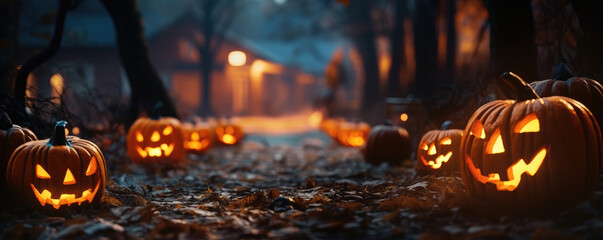 Scary Halloween pumpkins on the ground. Helloween background - obrazy, fototapety, plakaty