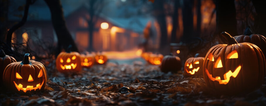 Scary Halloween pumpkins on the ground. Helloween background
