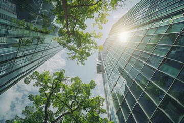 Sustainable green buildings in modern cities, sustainable glass office buildings, trees reduce heat and carbon dioxide. Green office building. Environmental green. Modern green office buildings reduce