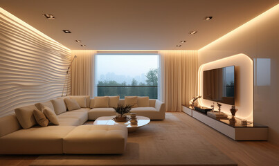 Creamy modern living room. Minimalist style interior design.