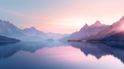 The image showcases a stunning mountain range mirroring in the tranquil waters of a lake at dawn, with pastel skies