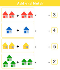 Preschool addition worksheet with cute house illustration. Math Activities for Kids. Math activities for toddlers to practice early math concepts.