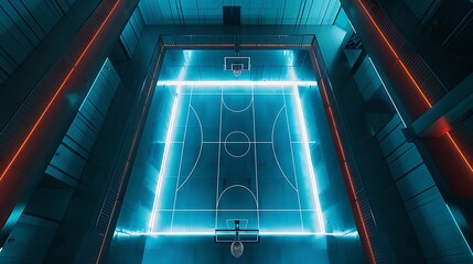 a visually striking image of a basketball court from a high angle, 