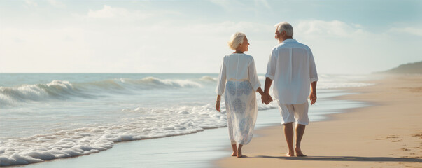 Happy senior couple on the beach, enjoying their time together on the vacation