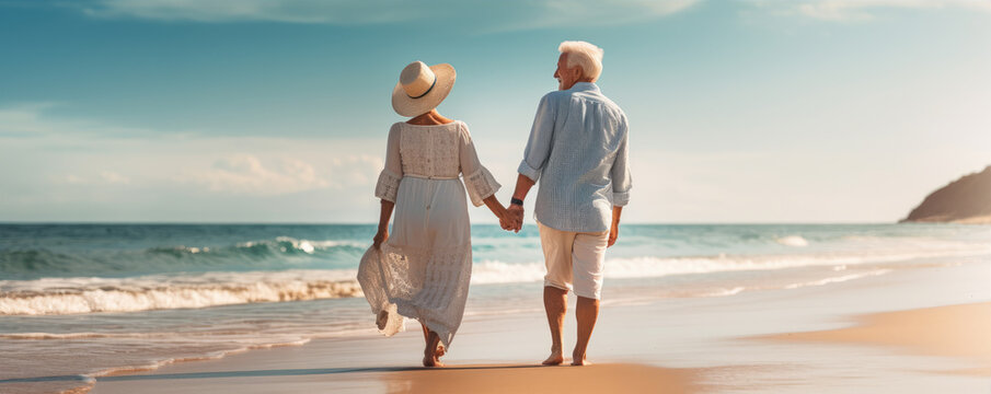 Happy senior couple on the beach, enjoying their time together on the vacation