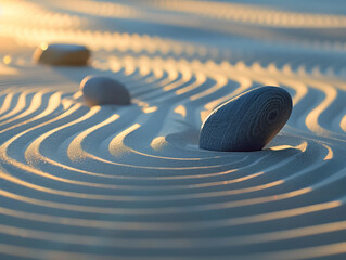 A somber sunset casts a warm glow over the symmetrical sand ripples and stones of a Zen garden