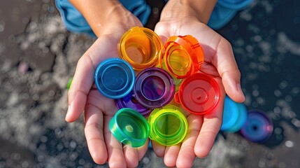 Hands holding a handful of colorful plastic bottle lids. Materials for recycling. Environmental concept. Colorful bottle lids, a symbol of sustainability. - obrazy, fototapety, plakaty