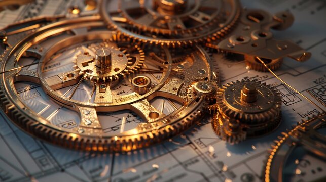 An intricate display of golden clockwork gears laid out on mechanical blueprints, symbolizing precision and engineering