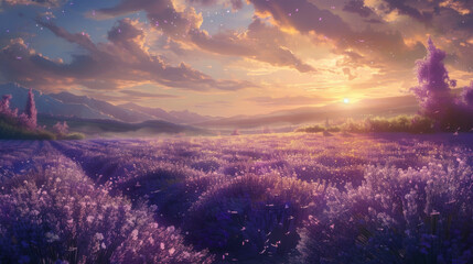 A dreamlike scene with serene lavender fields set against misty, tranquil mountain silhouettes at sunrise