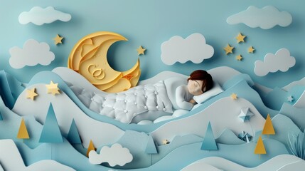 Paper craft card of World Sleep Day. Cute child, moon and clouds in the night sky. Good night concept. Generative ai