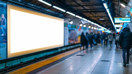 Blank white digital sign billboard poster mockup in train station during evening. Empty advertisement light box on the underground subway hall. Generative ai - obrazy, fototapety, plakaty