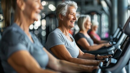 Fototapeta na wymiar Happy senior woman engaged in sports, gym fitness for seniors. Healthy lifestyle, healthy aging, joyful elderly concept. Generative ai