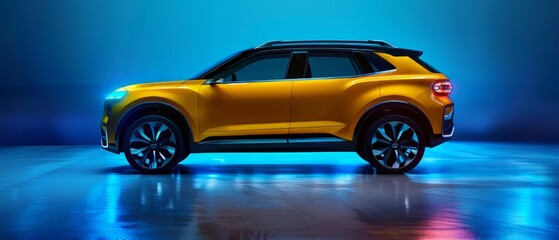 Side View of a modern yellow SUV car Isolated on black background. SUV automobile car concept in studio on orange background. Generative ai