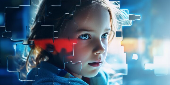 Lonely Girl and Puzzle Pieces, blue background. World Autism Awareness Day or month concept for April 2. Puzzles, symbol of awareness for autism spectrum disorder. Generative ai