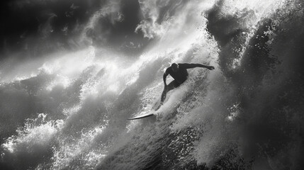 An action-packed, high-contrast monochrome image of a surfer riding a challenging wave, embodying bravery and skill in the face of nature's power