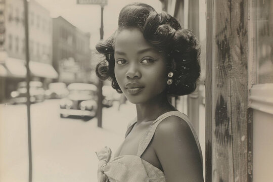 an image of a black young woman walking down the street in the 50s and 60s in retro style