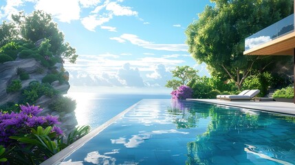 A stunning infinity pool perched on the edge of a cliff, offering breathtaking views of the ocean stretching out to the horizon, with sleek modern design and lush greenery framing the scene. - obrazy, fototapety, plakaty