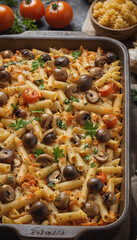Paste. Pasta with vegetables and broccoli, mushrooms, tomatoes.